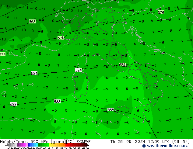 Z500/Rain (+SLP)/Z850 ECMWF Čt 26.09.2024 12 UTC