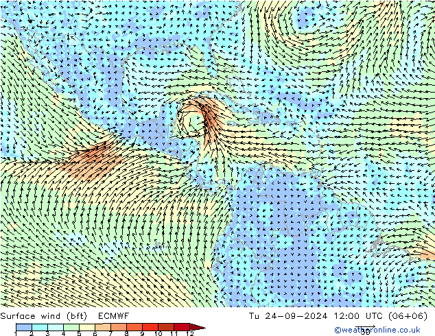 Surface wind (bft) ECMWF Út 24.09.2024 12 UTC