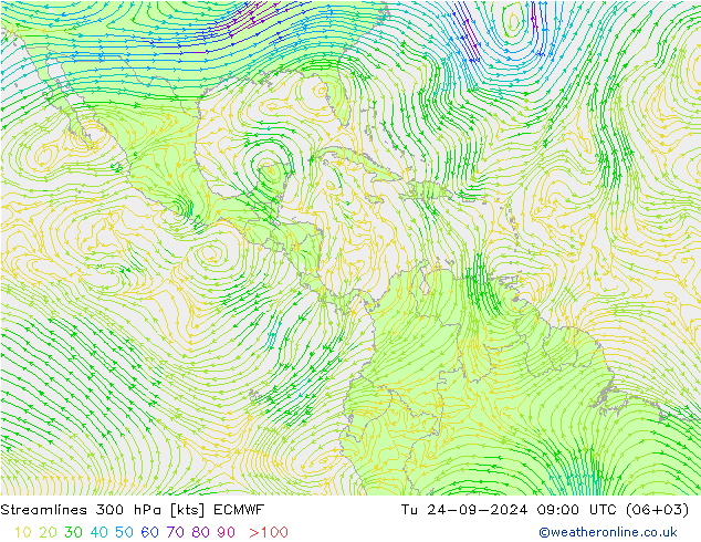 Streamlines 300 hPa ECMWF Tu 24.09.2024 09 UTC