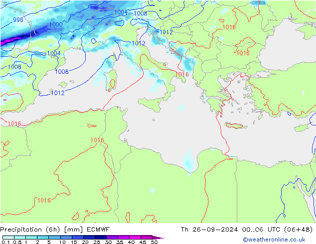 Z500/Rain (+SLP)/Z850 ECMWF Čt 26.09.2024 06 UTC