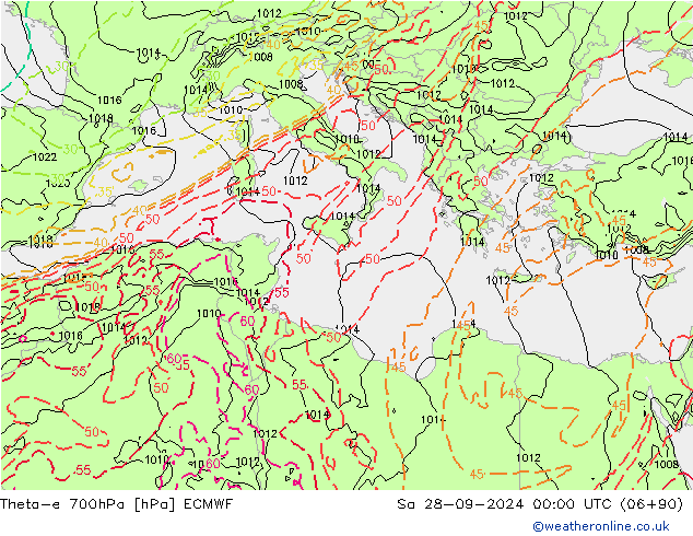 Theta-e 700hPa ECMWF sab 28.09.2024 00 UTC