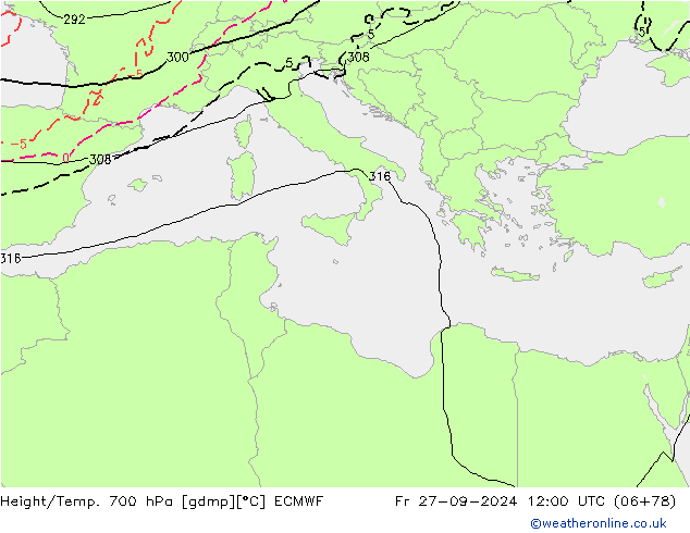 Height/Temp. 700 hPa ECMWF ven 27.09.2024 12 UTC