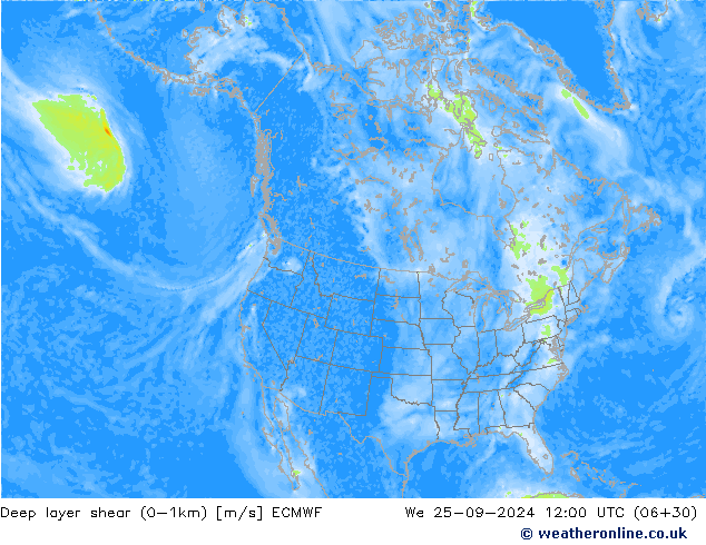 Deep layer shear (0-1km) ECMWF mer 25.09.2024 12 UTC