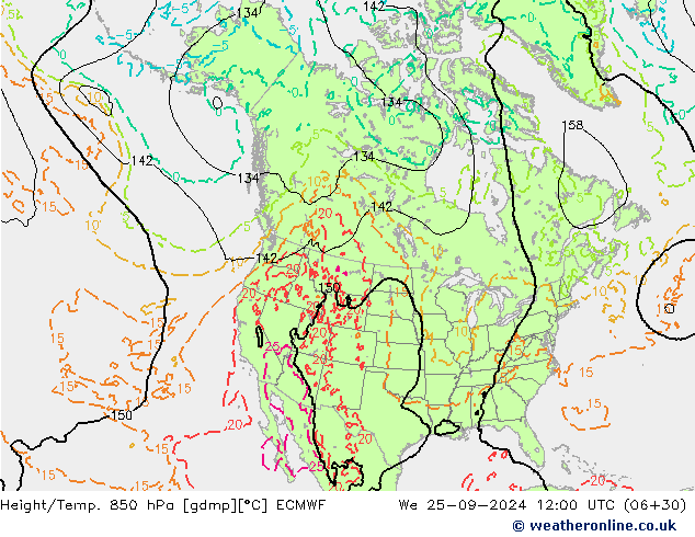 Height/Temp. 850 hPa ECMWF mer 25.09.2024 12 UTC