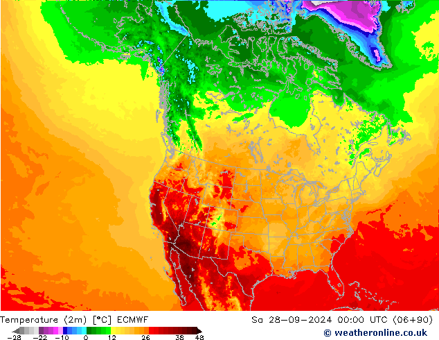 mapa temperatury (2m) ECMWF so. 28.09.2024 00 UTC