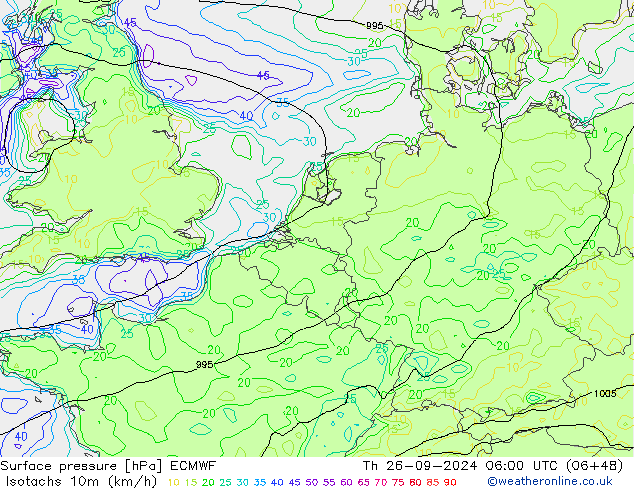 Isotachs (kph) ECMWF чт 26.09.2024 06 UTC