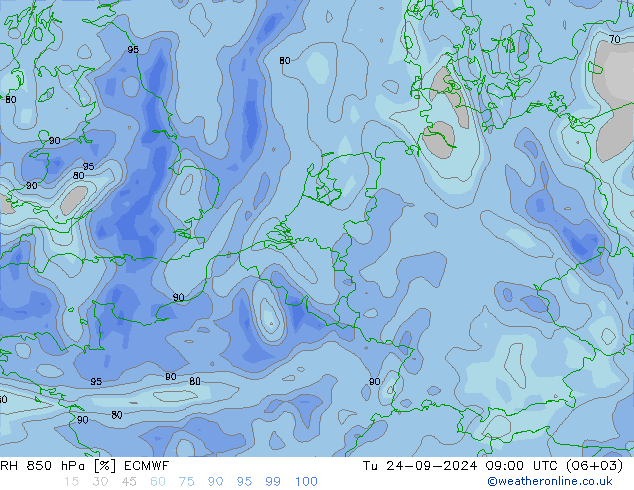 RH 850 hPa ECMWF  24.09.2024 09 UTC