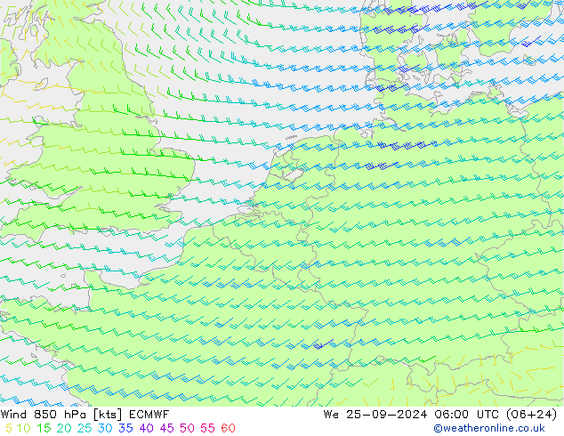 Vent 850 hPa ECMWF mer 25.09.2024 06 UTC