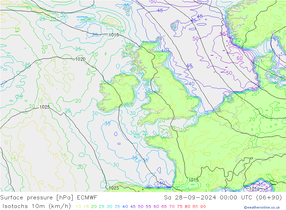 Isotaca (kph) ECMWF sáb 28.09.2024 00 UTC