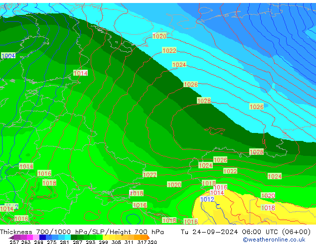 Thck 700-1000 hPa ECMWF Tu 24.09.2024 06 UTC