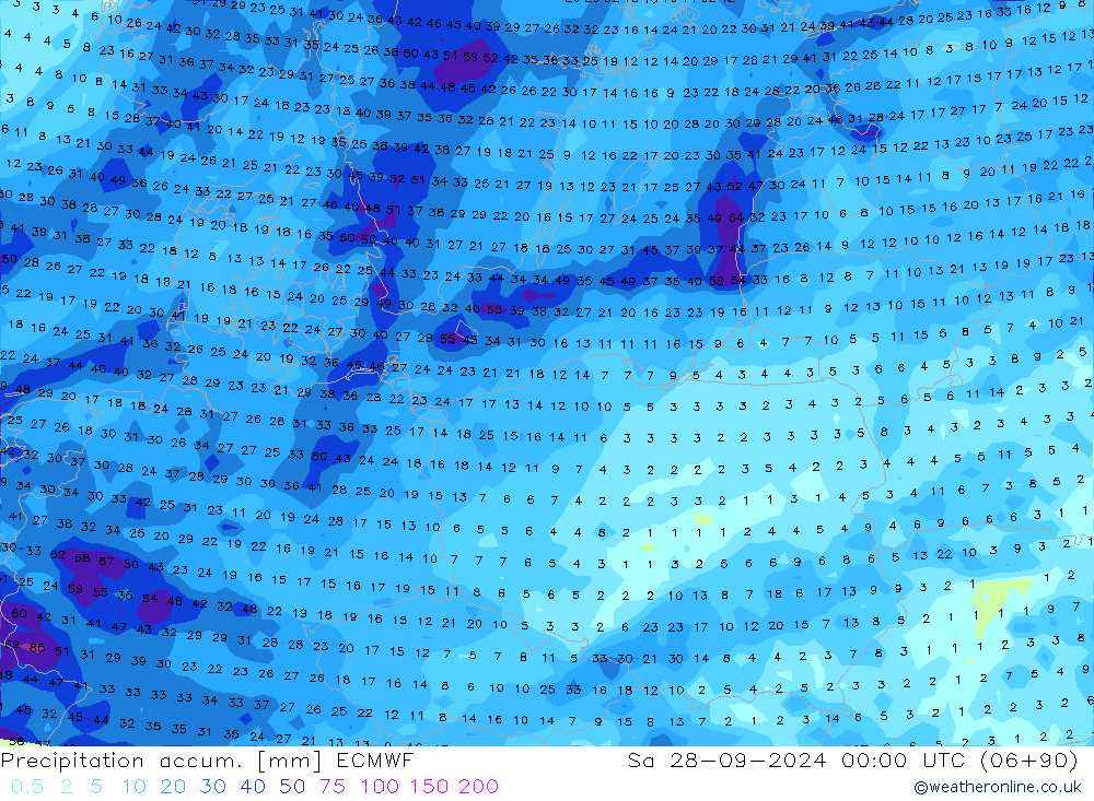 Precipitation accum. ECMWF so. 28.09.2024 00 UTC