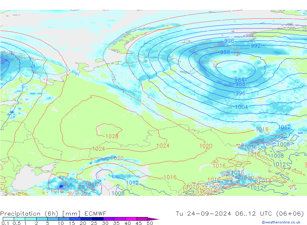 Z500/Rain (+SLP)/Z850 ECMWF wto. 24.09.2024 12 UTC