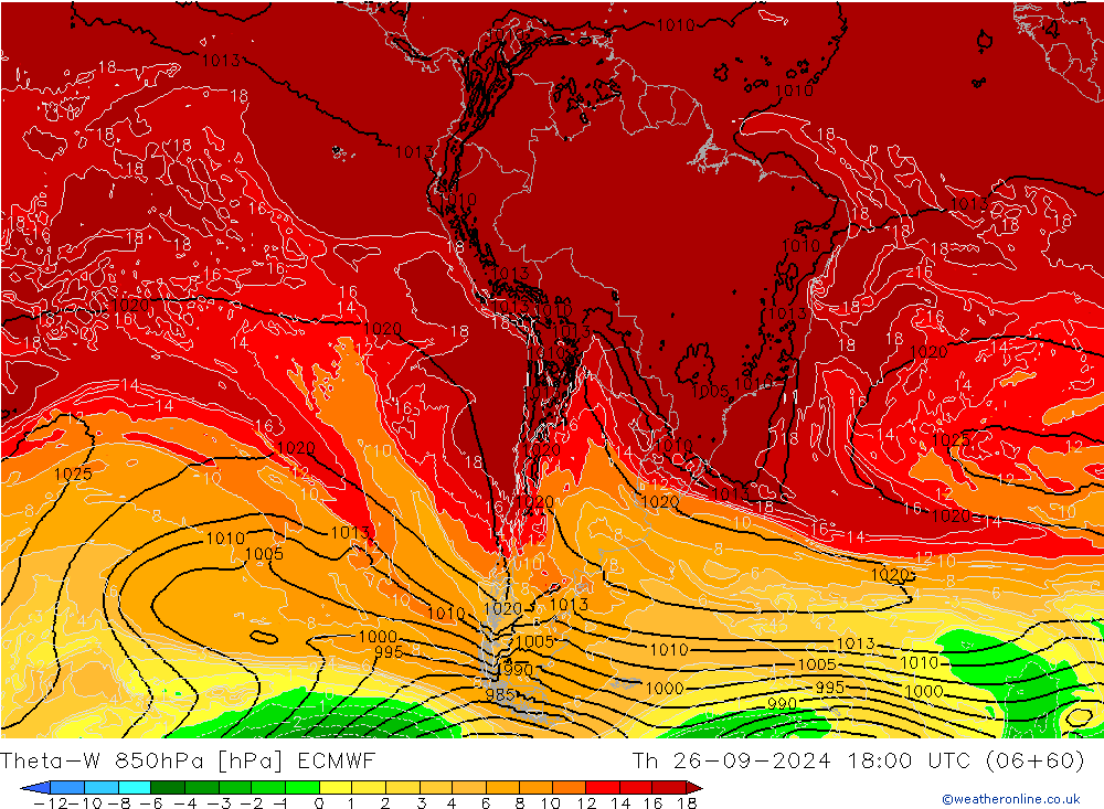 Theta-W 850hPa ECMWF czw. 26.09.2024 18 UTC