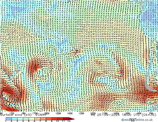 Vento 10 m (bft) ECMWF mer 25.09.2024 18 UTC