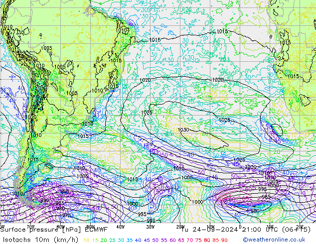 Isotachs (kph) ECMWF mar 24.09.2024 21 UTC