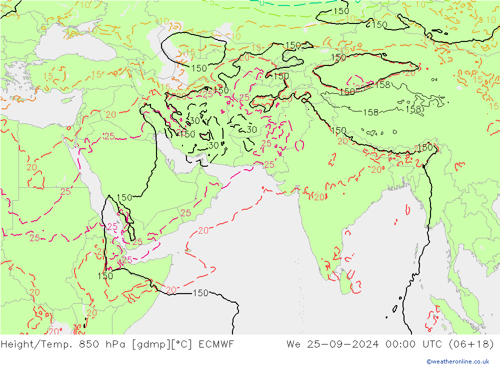 Height/Temp. 850 hPa ECMWF St 25.09.2024 00 UTC