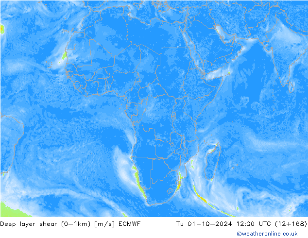 Deep layer shear (0-1km) ECMWF mar 01.10.2024 12 UTC