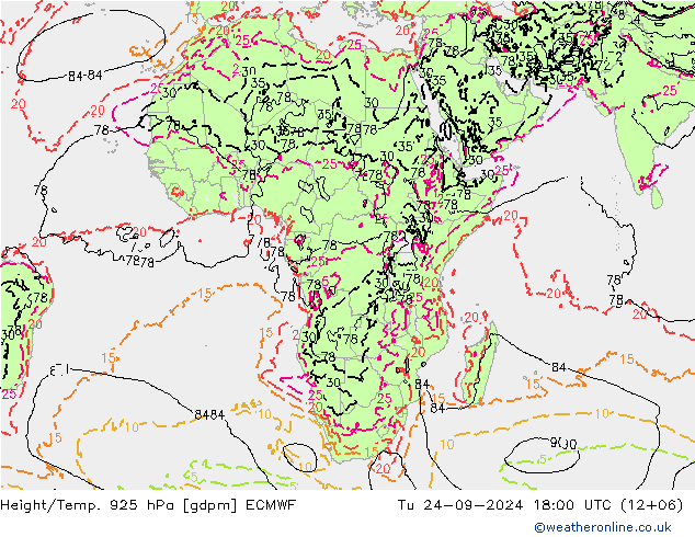 Height/Temp. 925 hPa ECMWF Tu 24.09.2024 18 UTC