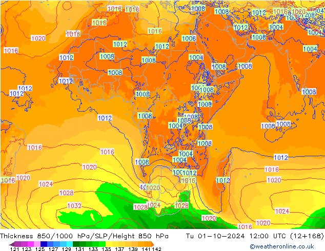 Thck 850-1000 hPa ECMWF mar 01.10.2024 12 UTC