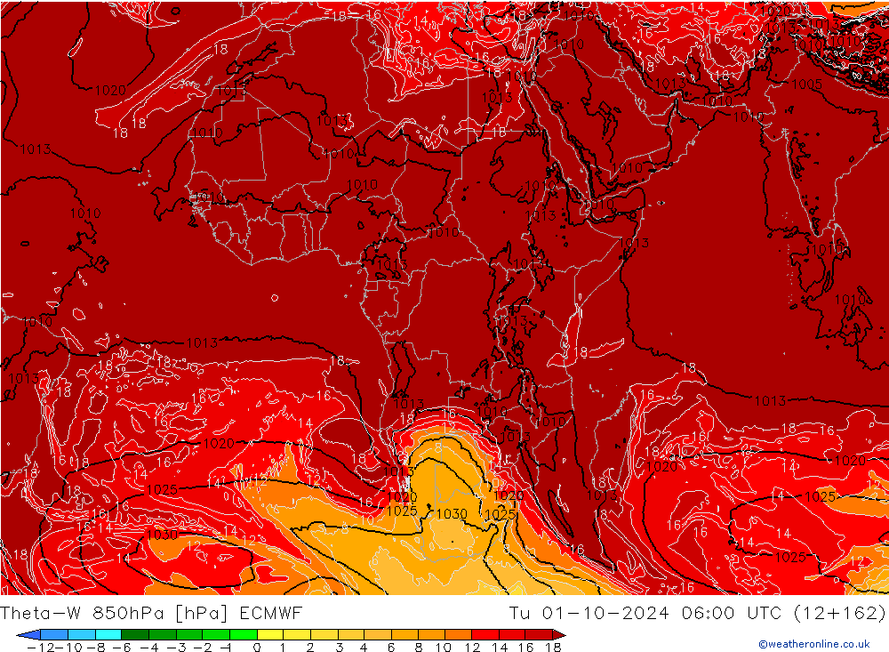 Theta-W 850гПа ECMWF вт 01.10.2024 06 UTC