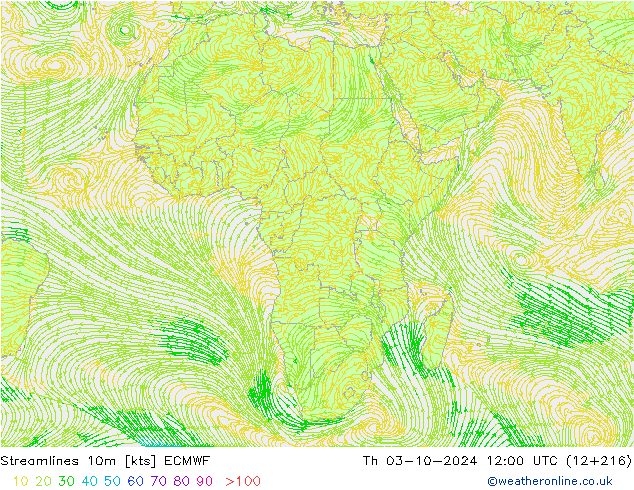 Streamlines 10m ECMWF Th 03.10.2024 12 UTC