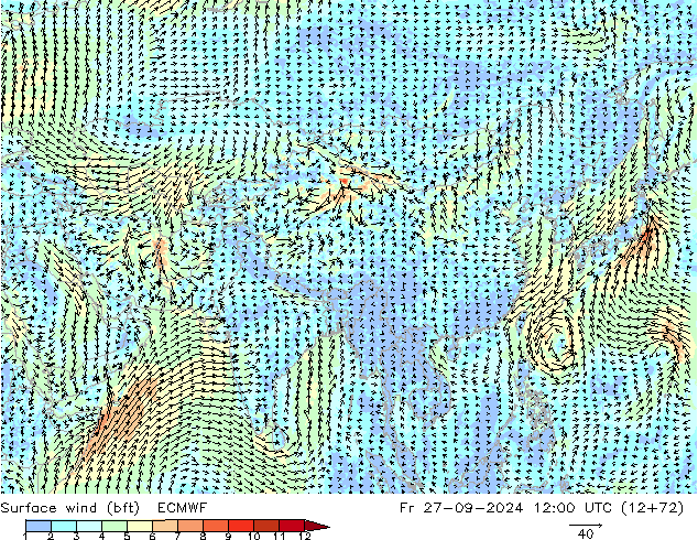 Surface wind (bft) ECMWF Fr 27.09.2024 12 UTC