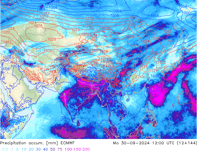 Totale neerslag ECMWF ma 30.09.2024 12 UTC