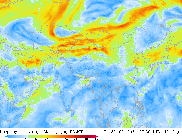 Deep layer shear (0-6km) ECMWF do 26.09.2024 15 UTC