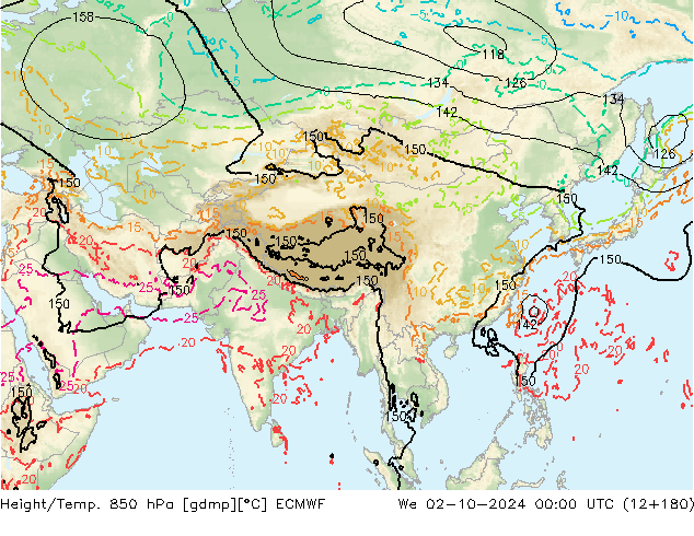 Height/Temp. 850 hPa ECMWF We 02.10.2024 00 UTC