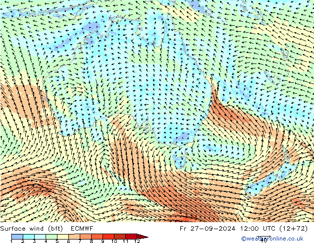 Vento 10 m (bft) ECMWF Sex 27.09.2024 12 UTC