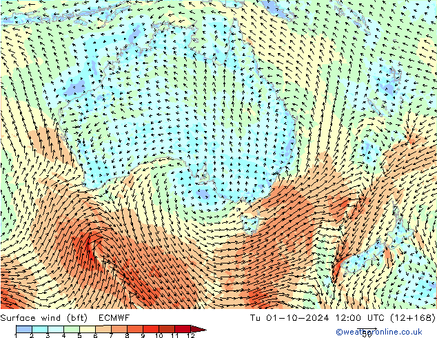 Surface wind (bft) ECMWF Tu 01.10.2024 12 UTC