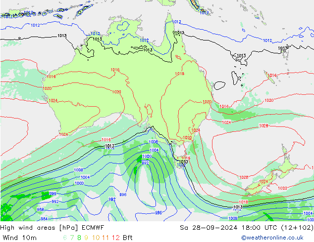 High wind areas ECMWF Sa 28.09.2024 18 UTC