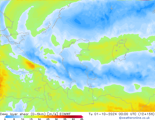 Deep layer shear (0-6km) ECMWF Di 01.10.2024 00 UTC