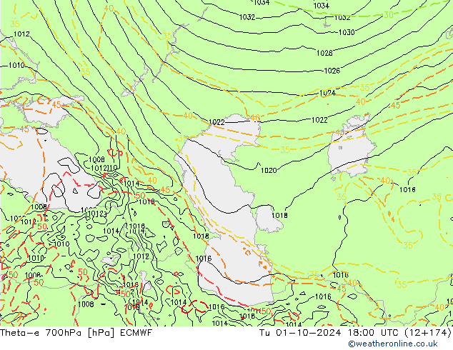 Theta-e 700hPa ECMWF Tu 01.10.2024 18 UTC