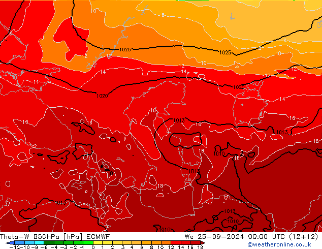 Theta-W 850гПа ECMWF ср 25.09.2024 00 UTC