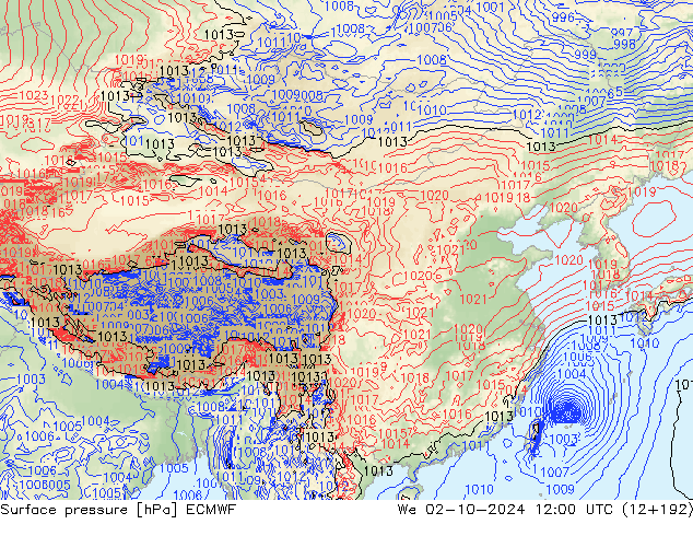 Surface pressure ECMWF We 02.10.2024 12 UTC