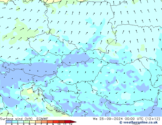 Vento 10 m (bft) ECMWF mer 25.09.2024 00 UTC