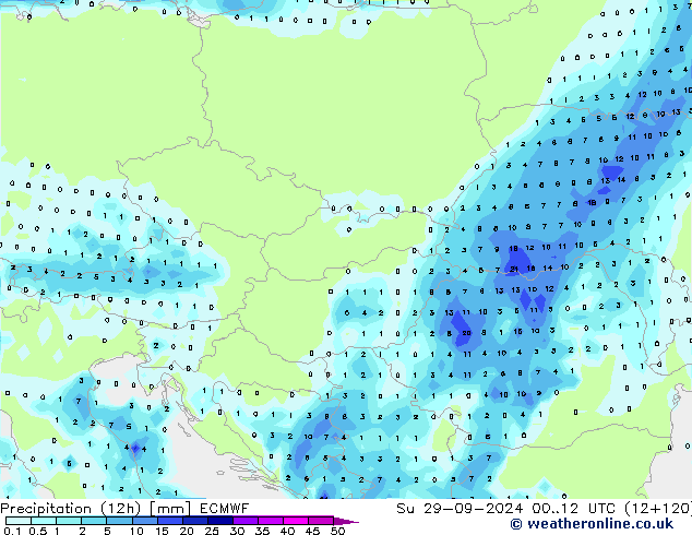 Precipitation (12h) ECMWF Ne 29.09.2024 12 UTC