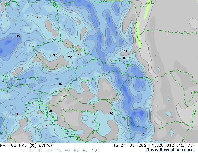 RH 700 hPa ECMWF Tu 24.09.2024 18 UTC