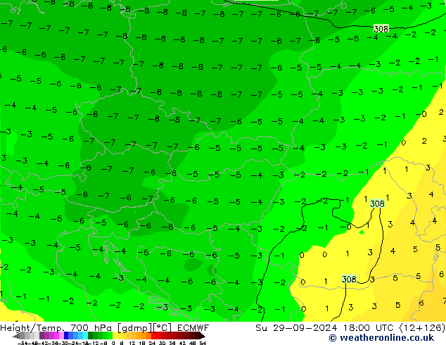 Geop./Temp. 700 hPa ECMWF dom 29.09.2024 18 UTC