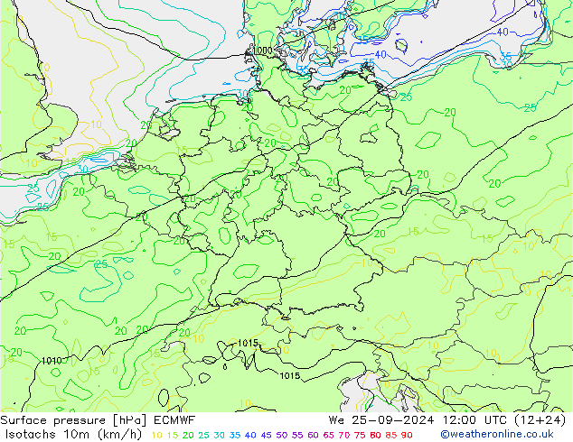 Isotachs (kph) ECMWF We 25.09.2024 12 UTC