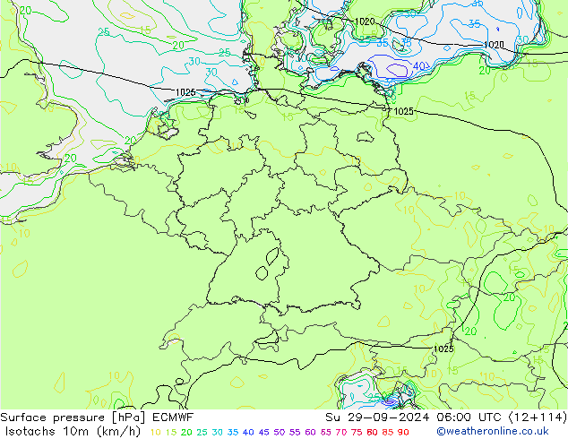 Isotachs (kph) ECMWF dom 29.09.2024 06 UTC