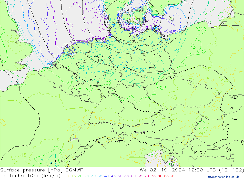 Isotachs (kph) ECMWF mer 02.10.2024 12 UTC