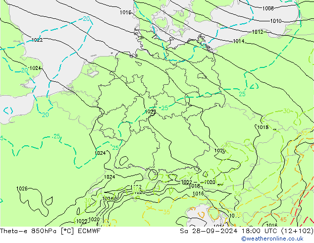 Theta-e 850hPa ECMWF so. 28.09.2024 18 UTC