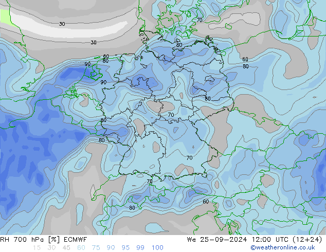 RH 700 hPa ECMWF We 25.09.2024 12 UTC