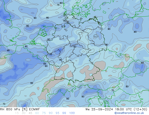 Humedad rel. 850hPa ECMWF mié 25.09.2024 18 UTC