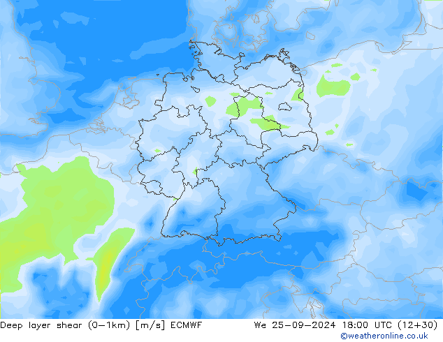 Deep layer shear (0-1km) ECMWF śro. 25.09.2024 18 UTC