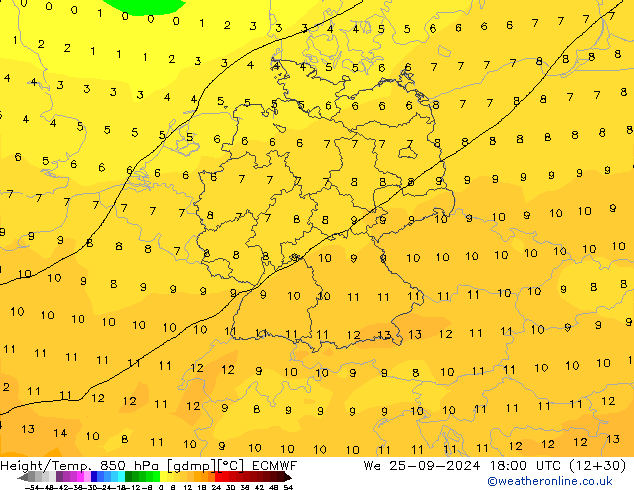 Height/Temp. 850 гПа ECMWF ср 25.09.2024 18 UTC