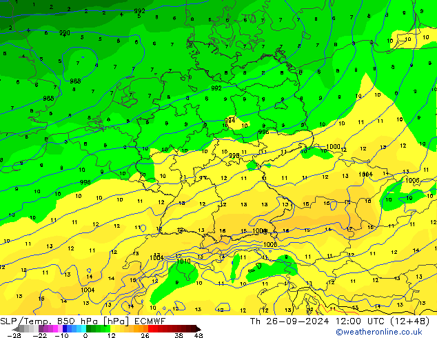 850 hPa Yer Bas./Sıc ECMWF Per 26.09.2024 12 UTC