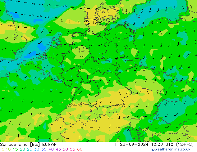 Viento 10 m ECMWF jue 26.09.2024 12 UTC